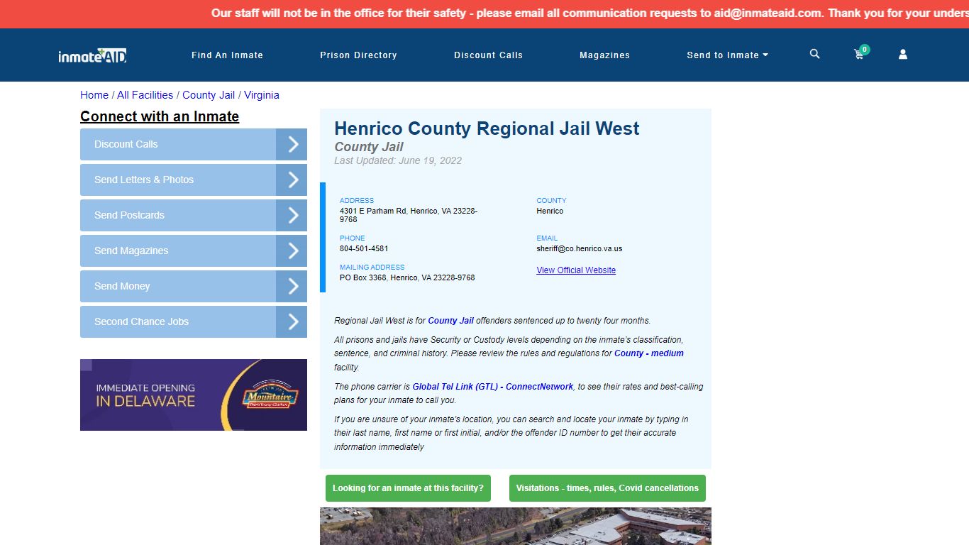 Henrico County Regional Jail West - Inmate Locator - Henrico, VA